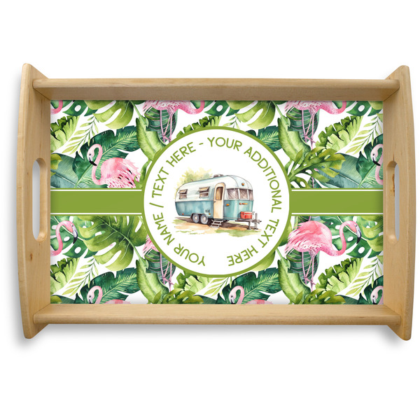 Custom Flamingo & Camping Natural Wooden Tray - Small (Personalized)