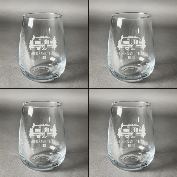 Flamingo & Camping Set of Four Personalized Stemless Wineglasses (Approval)