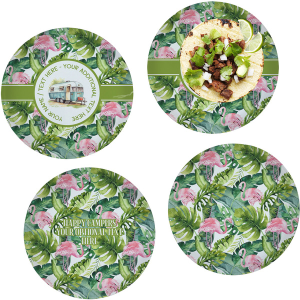 Custom Flamingo & Camping Glass Lunch / Dinner Plates 10" - Set of 4 (Personalized)