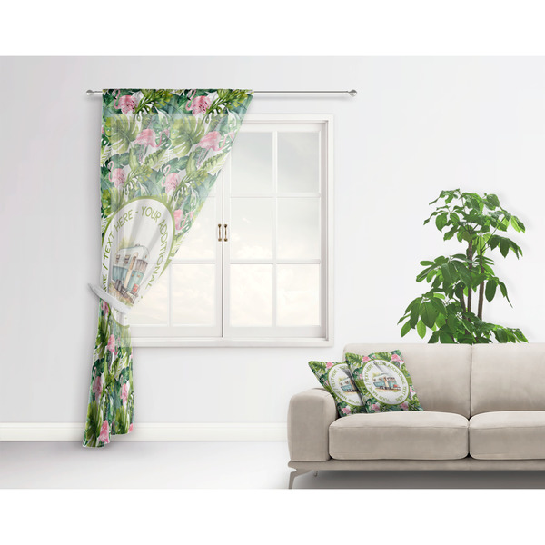 Flamingo & Camping Sheer Curtain With Window and Rod - in Room Matching Pillow