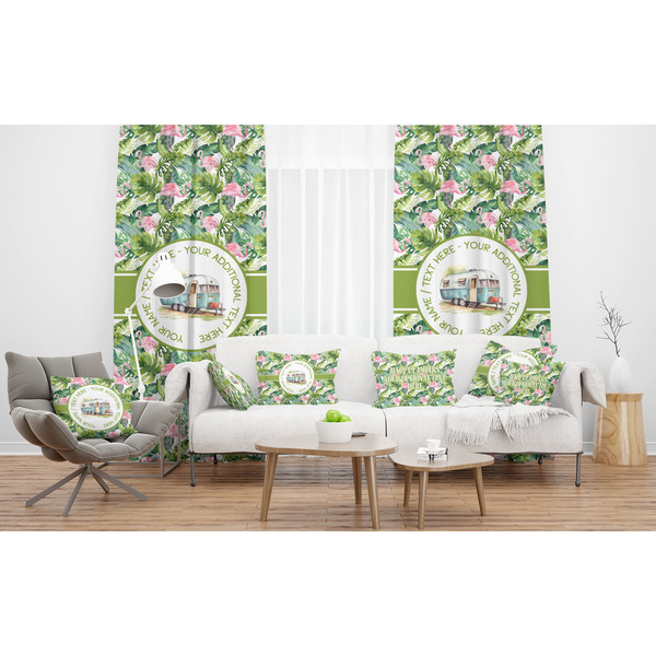 Flamingo & Camping Sheer and Custom Curtains in Room with Matching Pillows