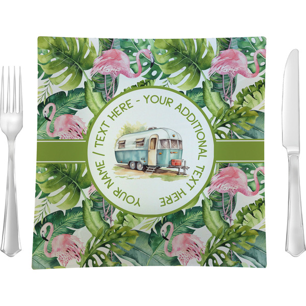 Custom Flamingo & Camping Glass Square Lunch / Dinner Plate 9.5" - Single (Personalized)