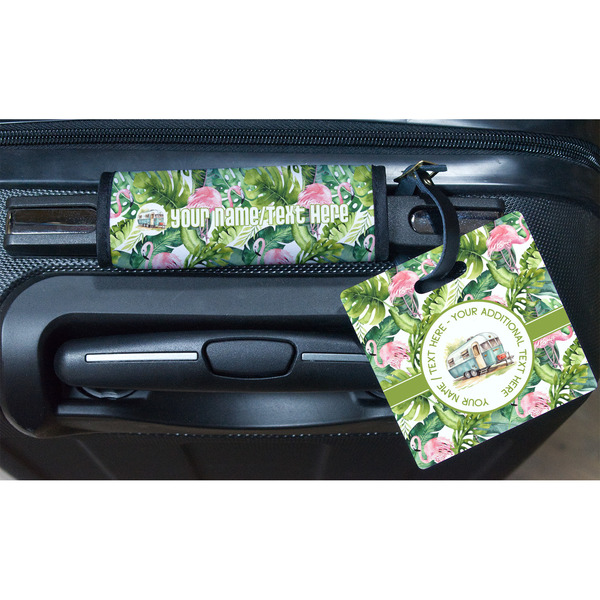 Flamingo & Camping Square Luggage Tag & Handle Wrap - In Context