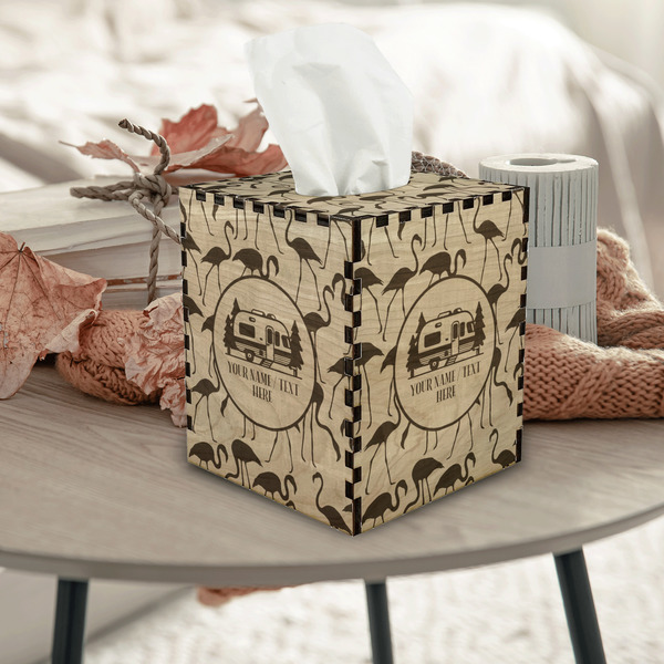Flamingo & Camping Square Tissue Box Covers - Wood - In Context