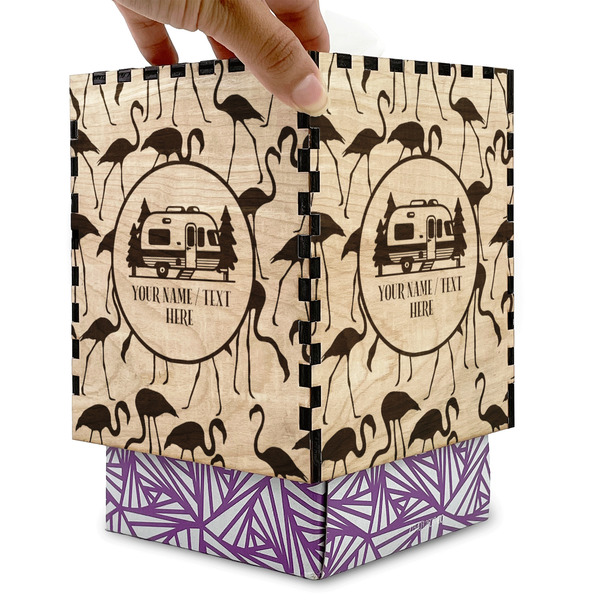 Flamingo & Camping Square Tissue Box Covers - Wood - with box