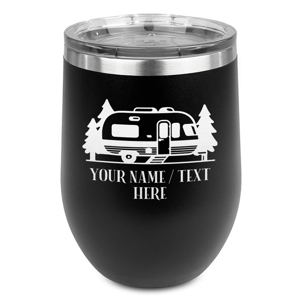 Custom Flamingo & Camping Stemless Stainless Steel Wine Tumbler - Black - Double-Sided