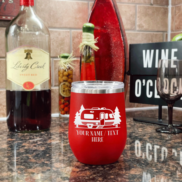 Flamingo & Camping Stainless Wine Tumblers - Red - Double Sided - In Context