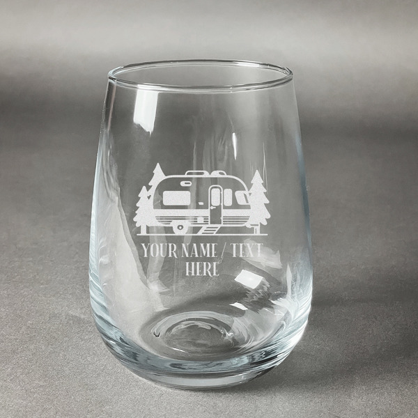 Custom Flamingo & Camping Stemless Wine Glass - Laser Engraved