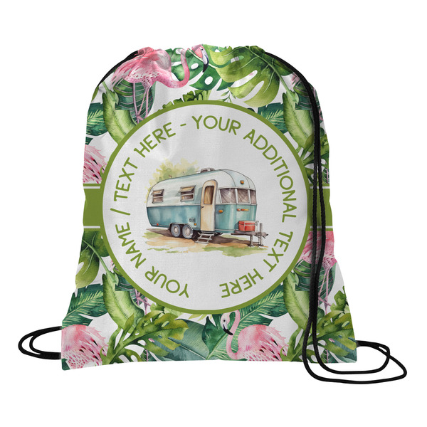 Custom Flamingo & Camping Drawstring Backpack - Medium (Personalized)