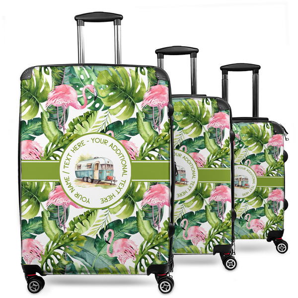 Custom Flamingo & Camping 3-Piece Luggage Set - 20" Carry On - 24" Medium Checked - 28" Large Checked (Personalized)