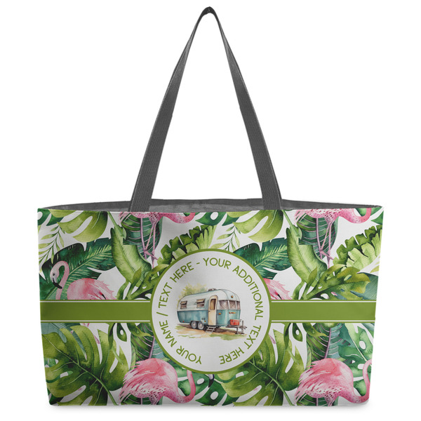 Custom Flamingo & Camping Beach Totes Bag - w/ Black Handles (Personalized)