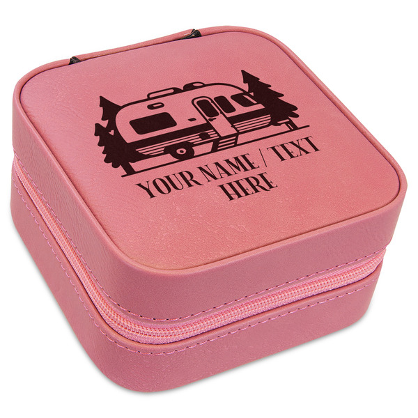 Custom Flamingo & Camping Travel Jewelry Boxes - Pink Leather