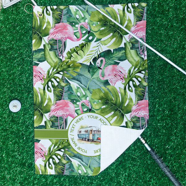 Flamingo & Camping Waffle Weave Golf Towel - In Context