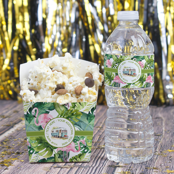 Flamingo & Camping Water Bottle Label - w/ Favor Box
