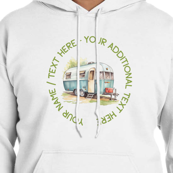 Flamingo & Camping White Hoodie on Model - CloseUp