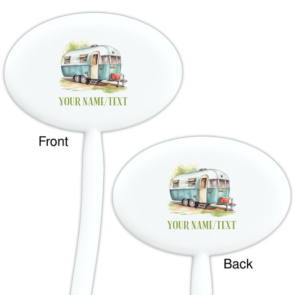 Flamingo & Camping White Plastic 7" Stir Stick - Double Sided - Oval - Front & Back