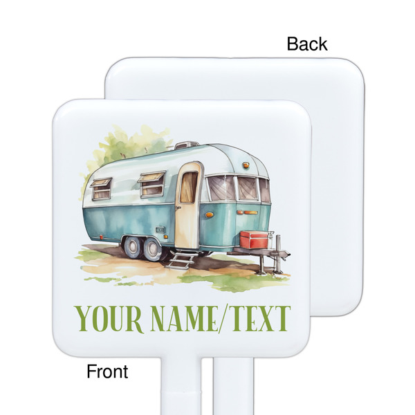 Flamingo & Camping White Plastic Stir Stick - Single Sided - Square - Front & Back