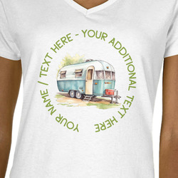 Flamingo & Camping Women's V-Neck T-Shirt - White - Small (Personalized)