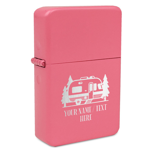 Custom Flamingo & Camping Windproof Lighter - Pink - Single-Sided & Lid Engraved
