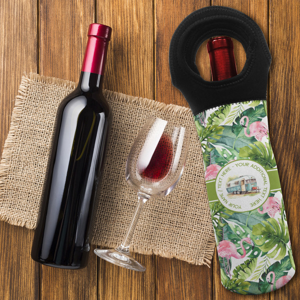Flamingo & Camping Wine Tote Bag - On Table