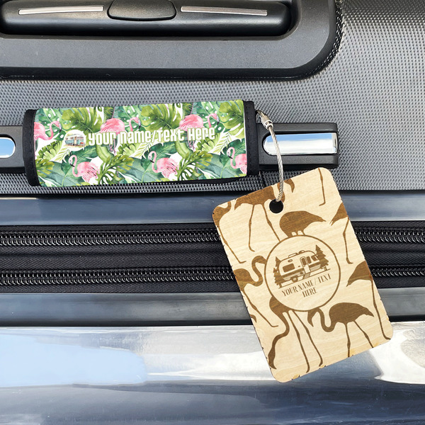 Flamingo & Camping Wood Luggage Tags - Rectangle - Lifestyle