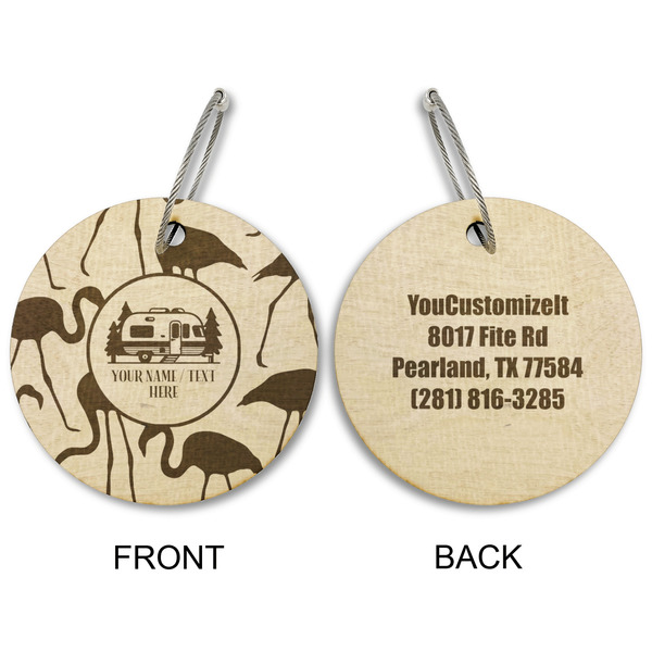 Flamingo & Camping Wood Luggage Tags - Round - Approval