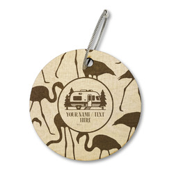 Flamingo & Camping Wood Luggage Tag - Round (Personalized)