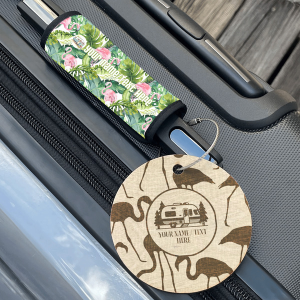 Flamingo & Camping Wood Luggage Tags - Round - Lifestyle