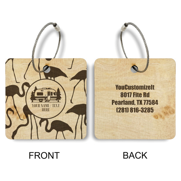 Flamingo & Camping Wood Luggage Tags - Square - Approval