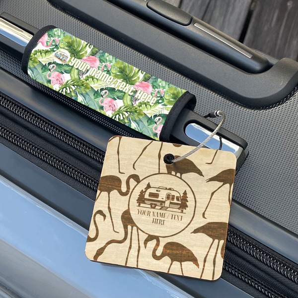 Flamingo & Camping Wood Luggage Tags - Square - Lifestyle