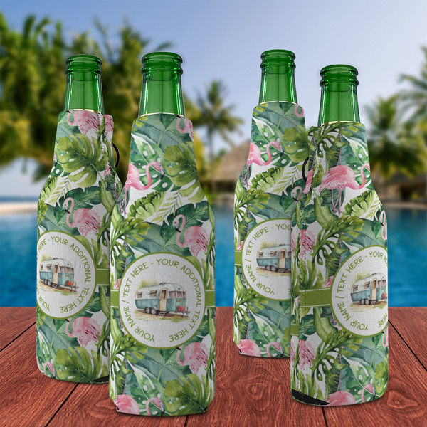 Flamingo & Camping Zipper Bottle Cooler - Set of 4 - Lifestyle