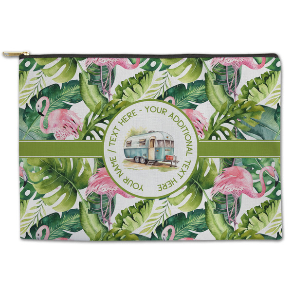 Custom Flamingo & Camping Zipper Pouch - Large - 12.5" x 8.5" (Personalized)