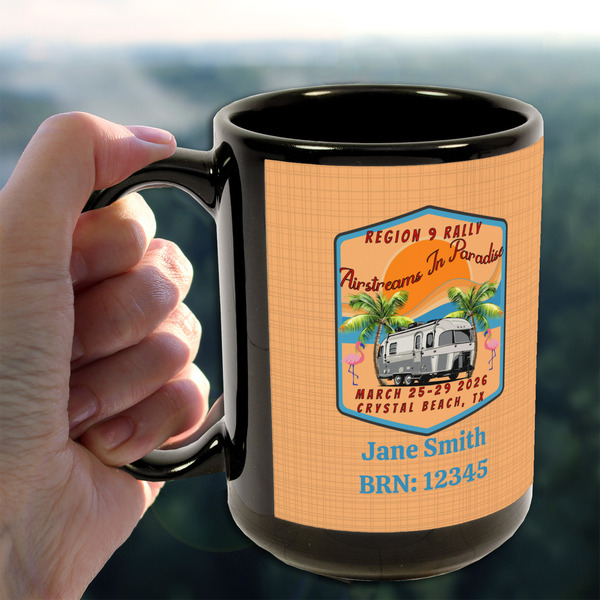 Airstreams in Paradise - Region 9 Rally 2026 15oz. Black Mug - Lifestyle