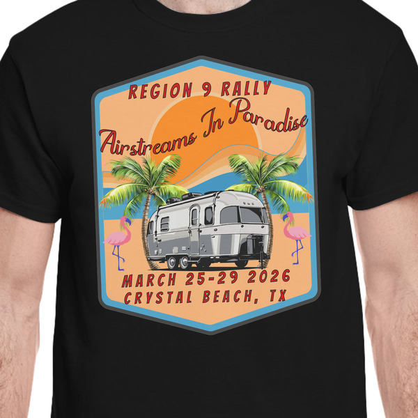 Airstreams in Paradise - Region 9 Rally 2026 Black Crew T-Shirt on Model - CloseUp