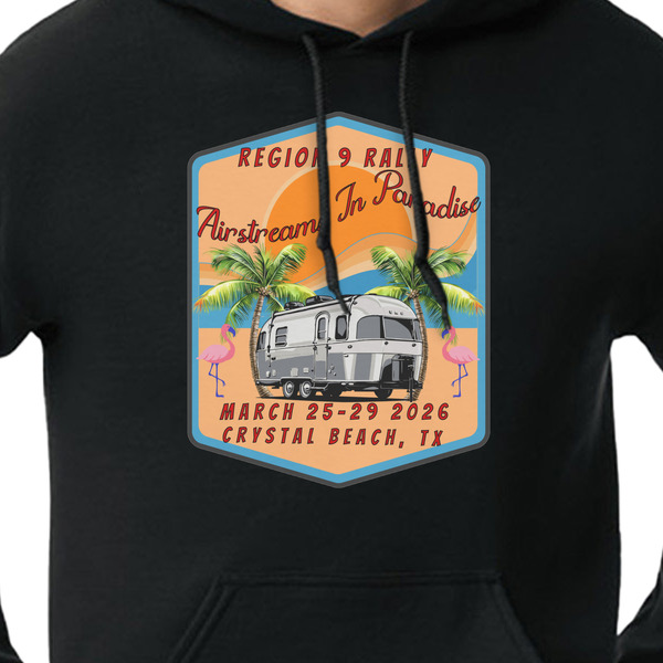 Airstreams in Paradise - Region 9 Rally 2026 Black Hoodie on Model - CloseUp