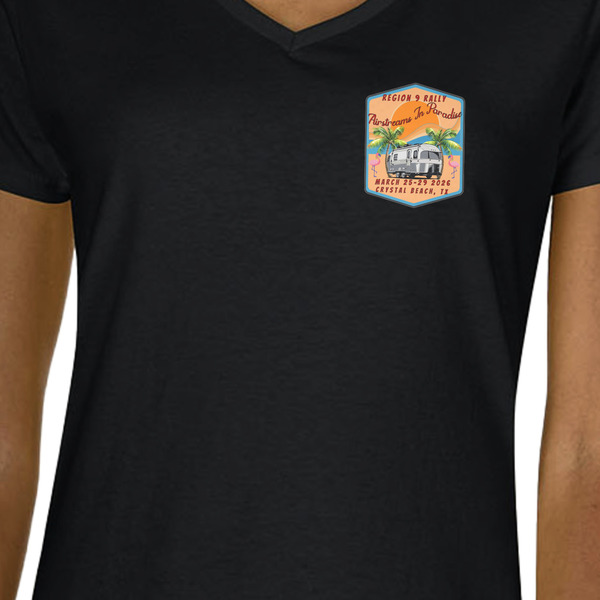 Airstreams in Paradise - Region 9 Rally 2026 Black V-Neck T-Shirt on Model - CloseUp