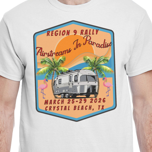 Airstreams in Paradise - Region 9 Rally 2026 White Crew T-Shirt on Model - CloseUp