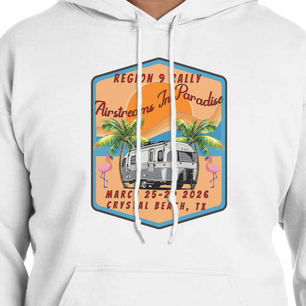 Airstreams in Paradise - Region 9 Rally 2026 White Hoodie on Model - CloseUp