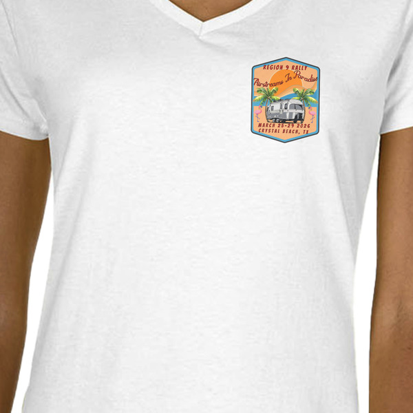 Airstreams in Paradise - Region 9 Rally 2026 White V-Neck T-Shirt on Model - CloseUp