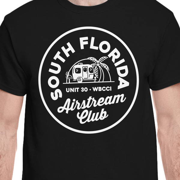 South Florida Airstream Club Logo Black Crew T-Shirt on Model - CloseUp
