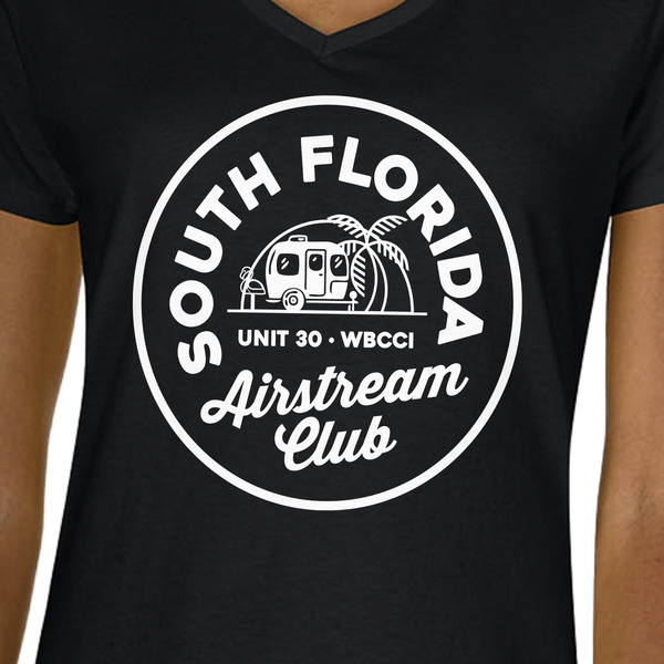 South Florida Airstream Club Logo Black V-Neck T-Shirt on Model - CloseUp