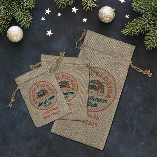 South Florida Airstream Club Logo Burlap Gift Bags - LIFESTYLE (Flat lay)