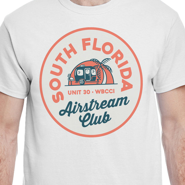 South Florida Airstream Club Logo White Crew T-Shirt on Model - CloseUp