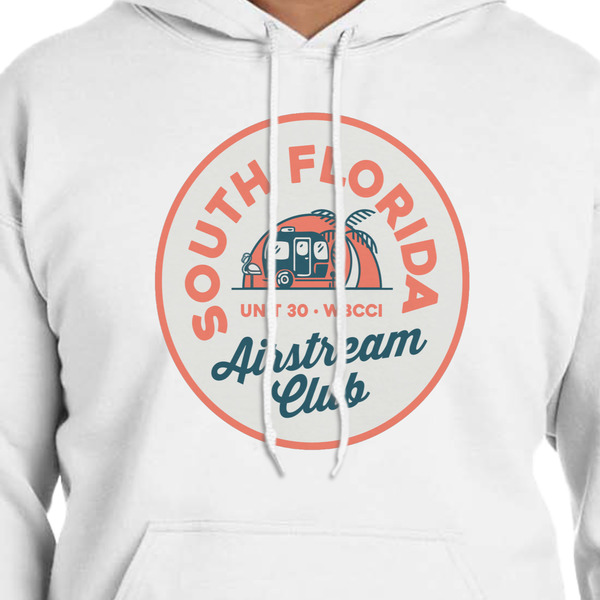 South Florida Airstream Club Logo White Hoodie on Model - CloseUp