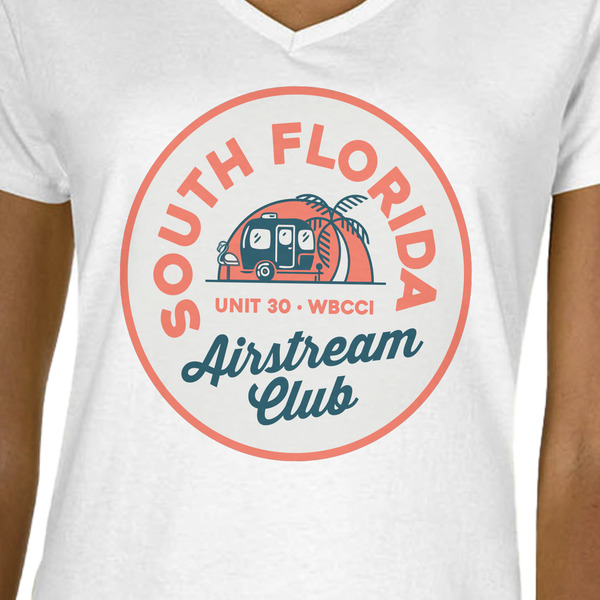 South Florida Airstream Club Logo White V-Neck T-Shirt on Model - CloseUp