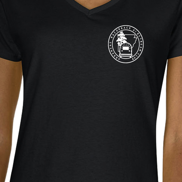 Arkansas Razorback Airstream Club Logo Black V-Neck T-Shirt on Model - CloseUp