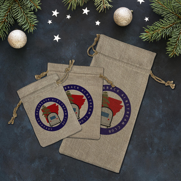 Arkansas Razorback Airstream Club Logo Burlap Gift Bags - LIFESTYLE (Flat lay)