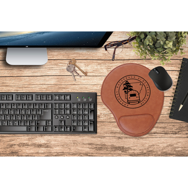Arkansas Razorback Airstream Club Logo Cognac Leatherette Mousepad with Wrist Support - Lifestyle Image