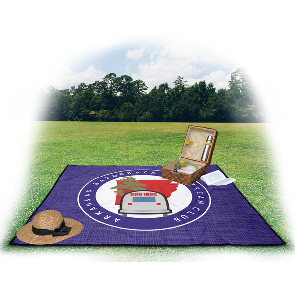 Arkansas Razorback Airstream Club Logo Picnic Blanket - with Basket Hat and Book - in Use