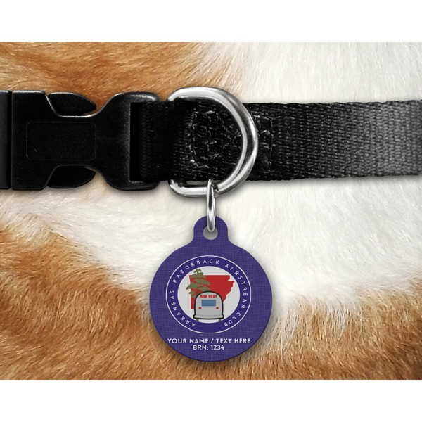 Arkansas Razorback Airstream Club Logo Round Pet Tag on Collar & Dog